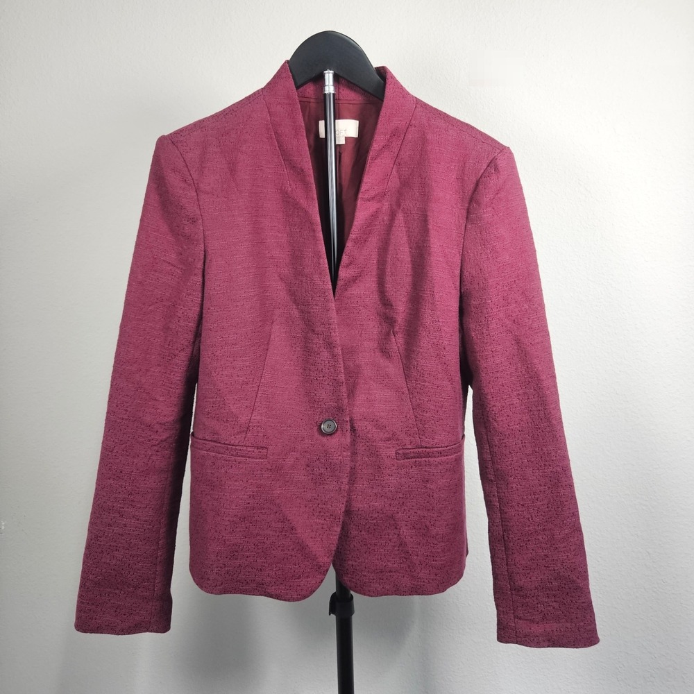 Loft Blazer Women 6 Berry Maroon Textured Single Button Collarless Professional